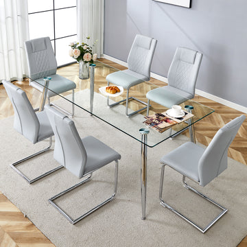 Table And Chair Set.Modern Rectangular Glass Dining Table With A Tempered Glass Tabletop And Silver Metal Legs, Paired With Multiple Chairs Designed With Pu Cushions And Silver Metal Legs. Gray Silver Seats 6 Tempered Glass