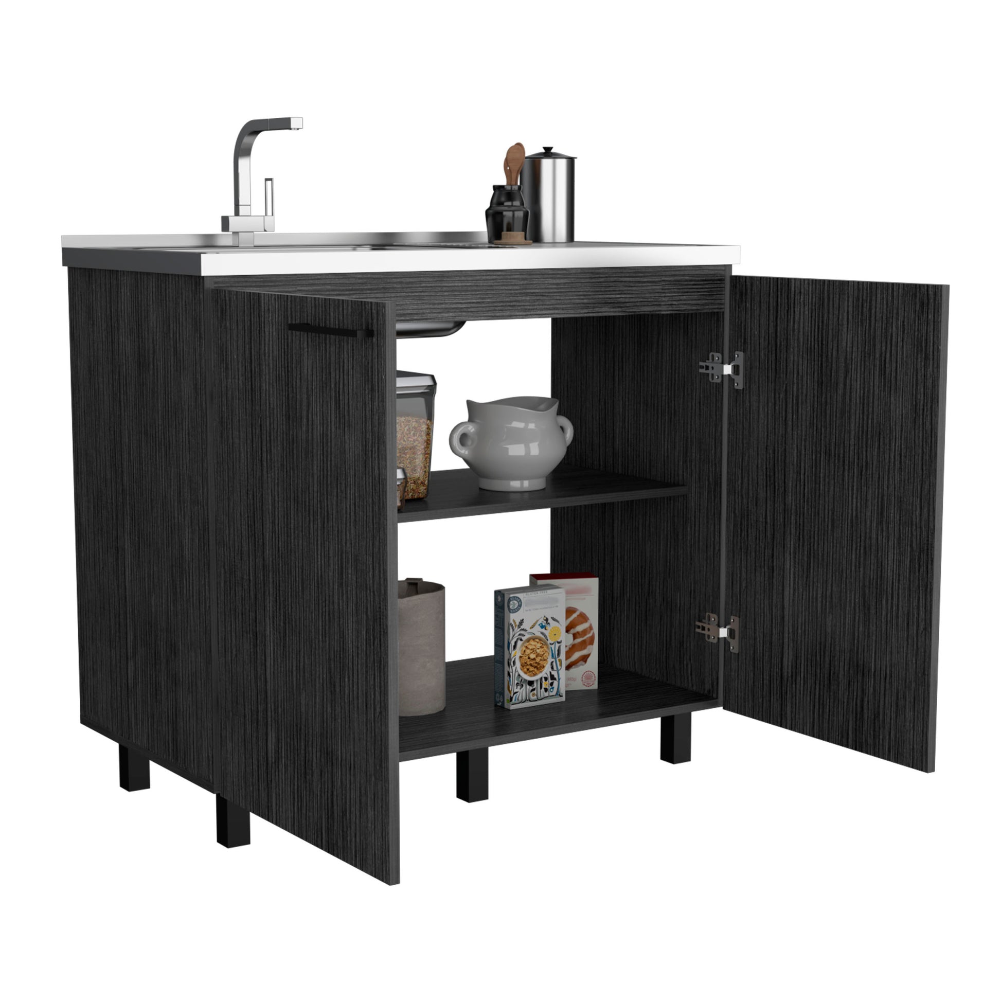 Napoles 2 Utility Sink With Cabinet, Stainless Steel Countertop, Interior Shelf Gray Kitchen Modern Particle Board