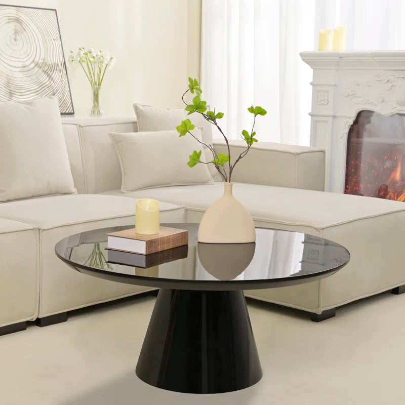 Modern Black Cone Coffee Table For Living Room, High Gloss Finish, 35.4In Diameter Black Desk And Hutch Primary Living Space Minimalist,Modern Freestanding Round Coffee & End Tables Glossy Round Mdf