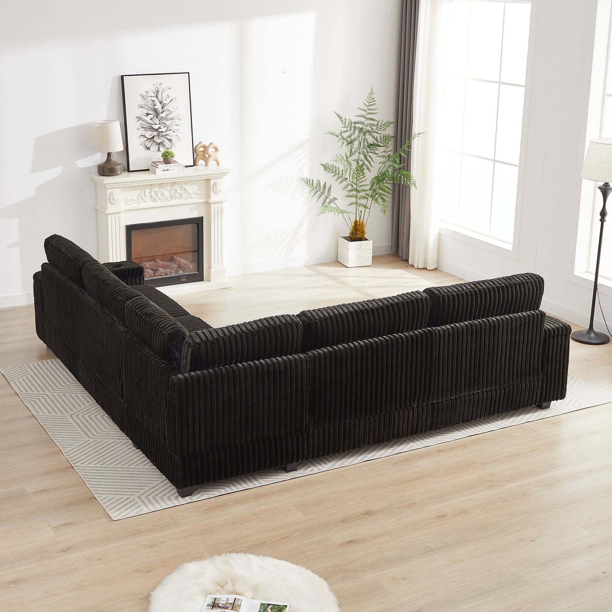 110 Inch Oversized Corduroy Corner Sofa,L Shaped Corner Couch With Two Storage Spaces,Usb Port & T Pyce Port And Cup Holderdeep Seat Comfy Upholstered Couches For Living Room Not Freely Combinable Black Corduroy 5 Seat