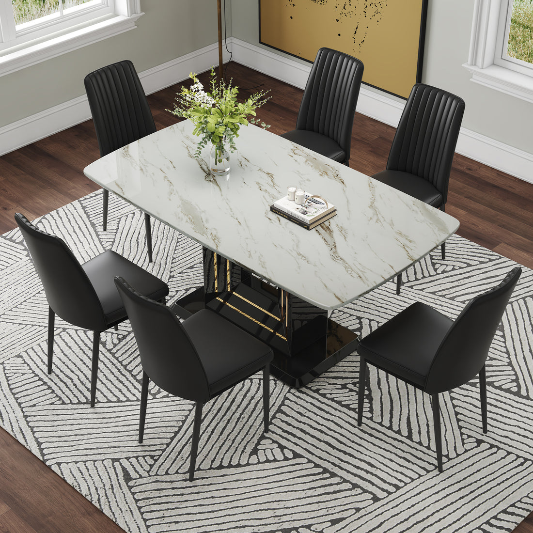 Modern Dining Table Set, 7 Piece Faux Marble Kitchen Table For 6 8, Glass Rectangular Dining Room Table With U Shaped Table Legs, Dining Table & 6 Chairs Metal Black Rectangular Mdf Glass