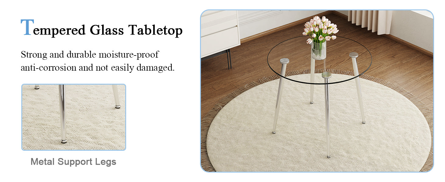 A Modern Minimalist Round Transparent Tempered Glass Table With Silver Metal Legs And 4 Modern Pu Leather High Backed Dining Chairs For A Luxurious Experience. White Seats 4 Glass Metal