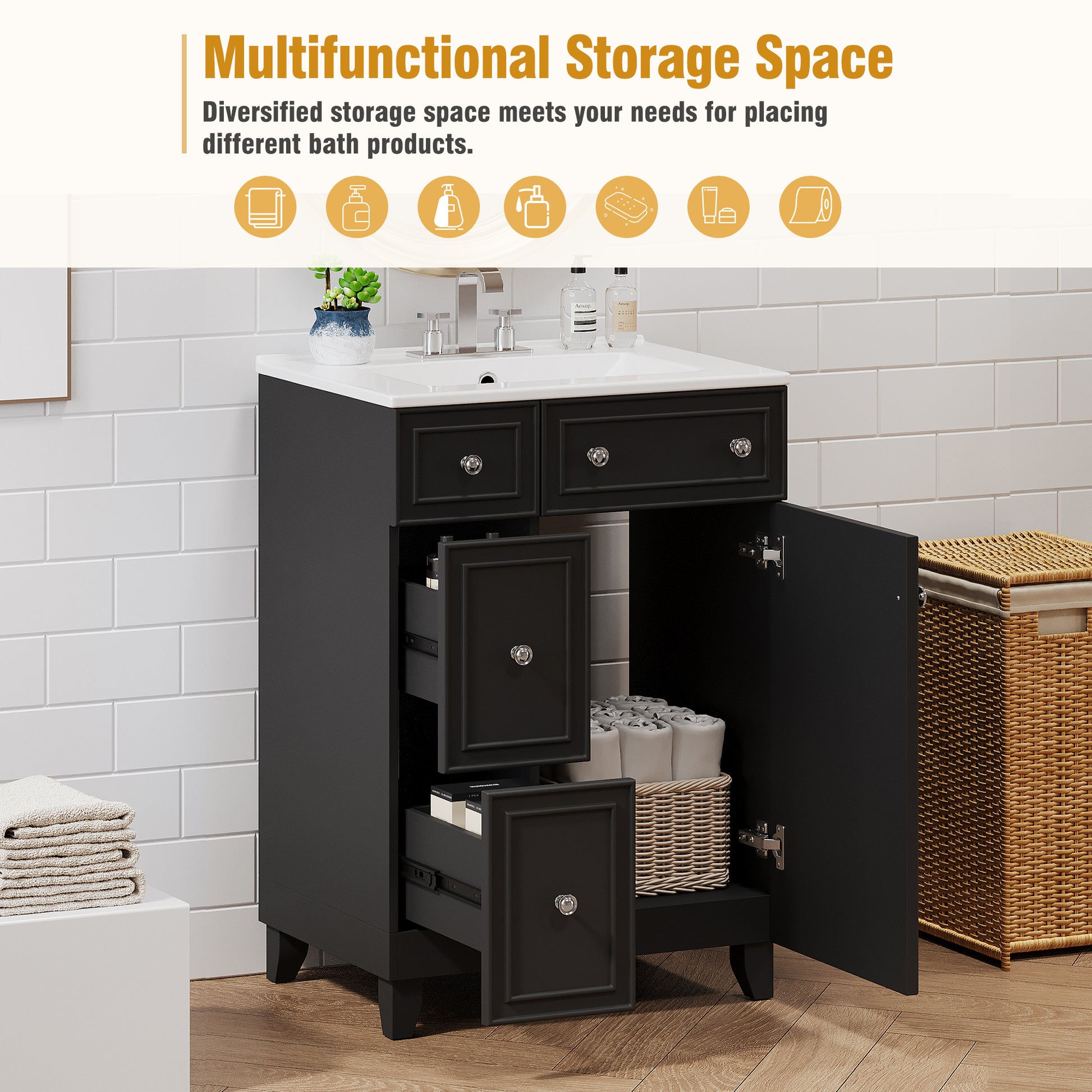 24 Inch Bathroom Vanity Cabinet With Ceramic Sink, 2 Drawers, 1 Door Black Bathroom Solid Wood Mdf