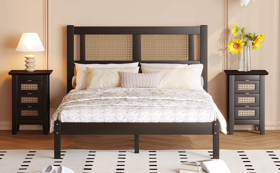 3 Pieces Bedroom Sets Full Size Wooden Platform Bed With Natural Rattan Headboard, Nightstands Set Of 2 With Rattan Woven Surfaces And Three Drawers For Bedroom, Black Black Particle Board