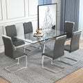 Table And Chair Set.Modern Luxurious Transparent Tempered Glass Dining Table Set.Paried With 6 Dark Gray Chairs With Pu Cushion And Silver C Tube Metal Legs. Dark Gray,Transparent Seats 6 Glass