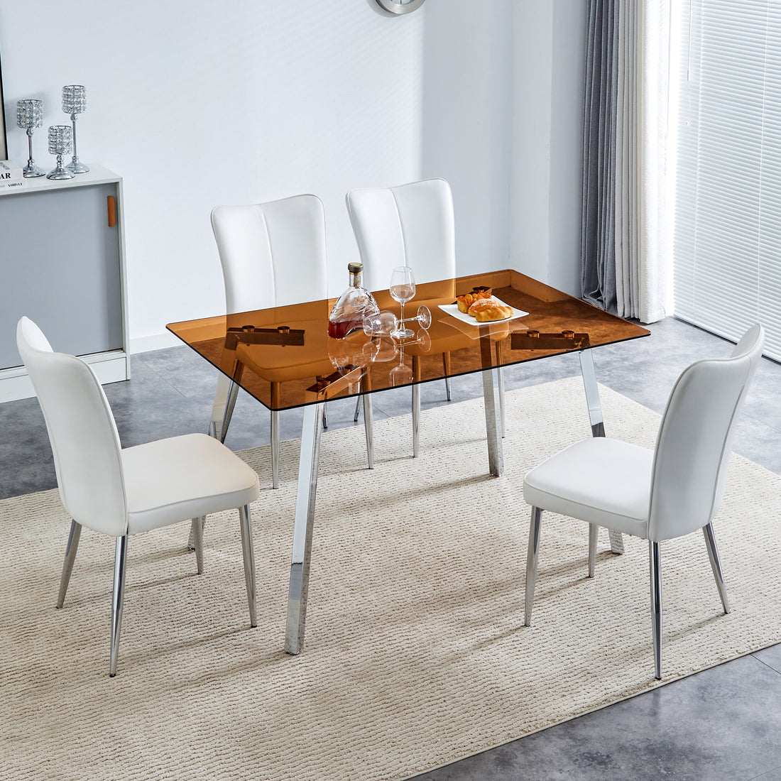 Table And Chair Set. Large Modern Rectangular Table With Brown Glass Top And Silver Metal Legs. It Comes With Soft And Comfortable Pu Seats, Faux Leather Upholstered Seats And Silver Metal Legs. Brown,White Seats 4 Glass Metal