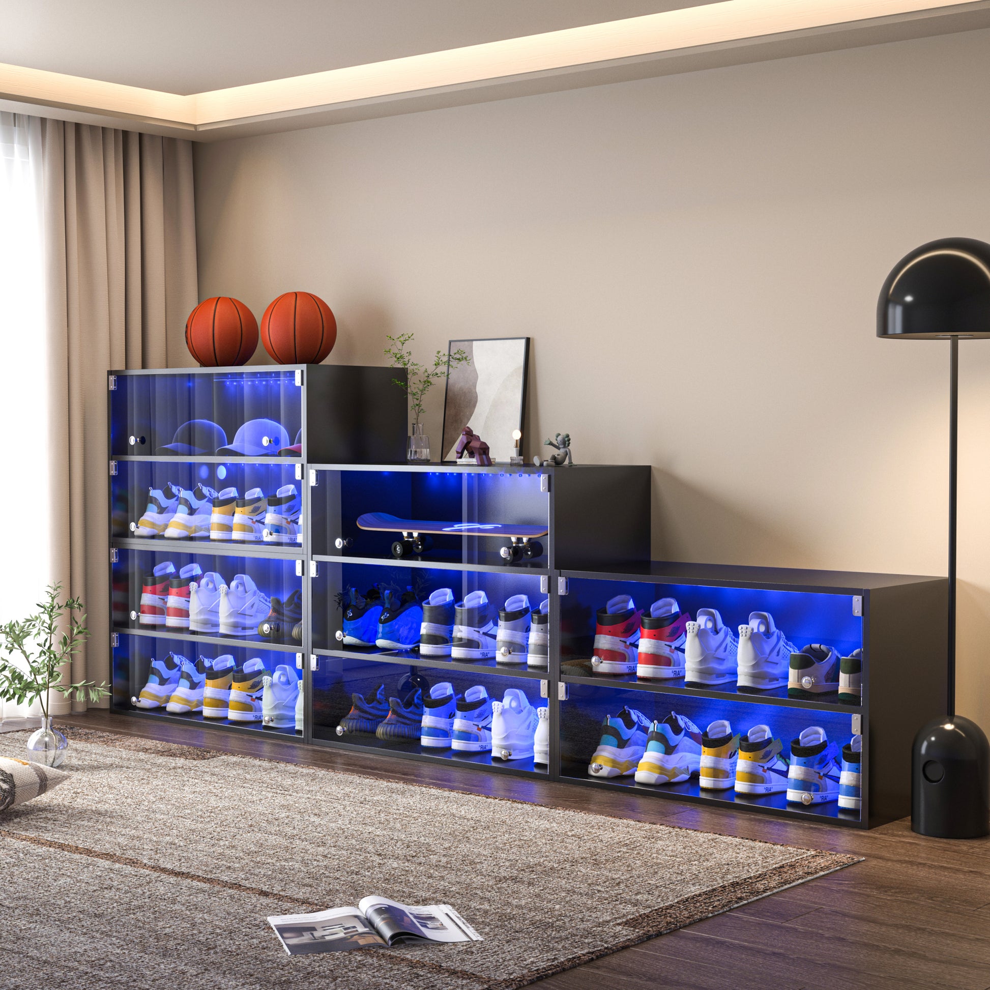 Black Glass Door Shoe Box Shoe Storage Cabinet For Sneakers With Rgb L