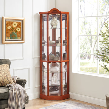 Glass Cabinet Lighted Corner Cabinet Corner Display Curio Cabinet, Glass Display With Light Included Bar Cabinet,Wine Cabinet With Adjustable Glass Shelves Carved Decoration Oak Light Included Oak Mdf Glass