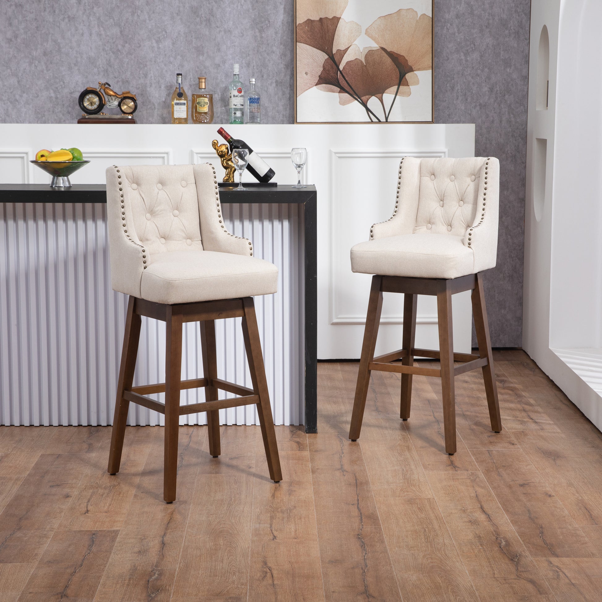 Coolmore Bar Stools Set Of 2 Counter Height Chairs With Footrest For Kitchen, Dining Room And 360 Degree Solid Wood Legs Swivel Bar Stools Set Of 2 Beige Linen Beige Foam Linen