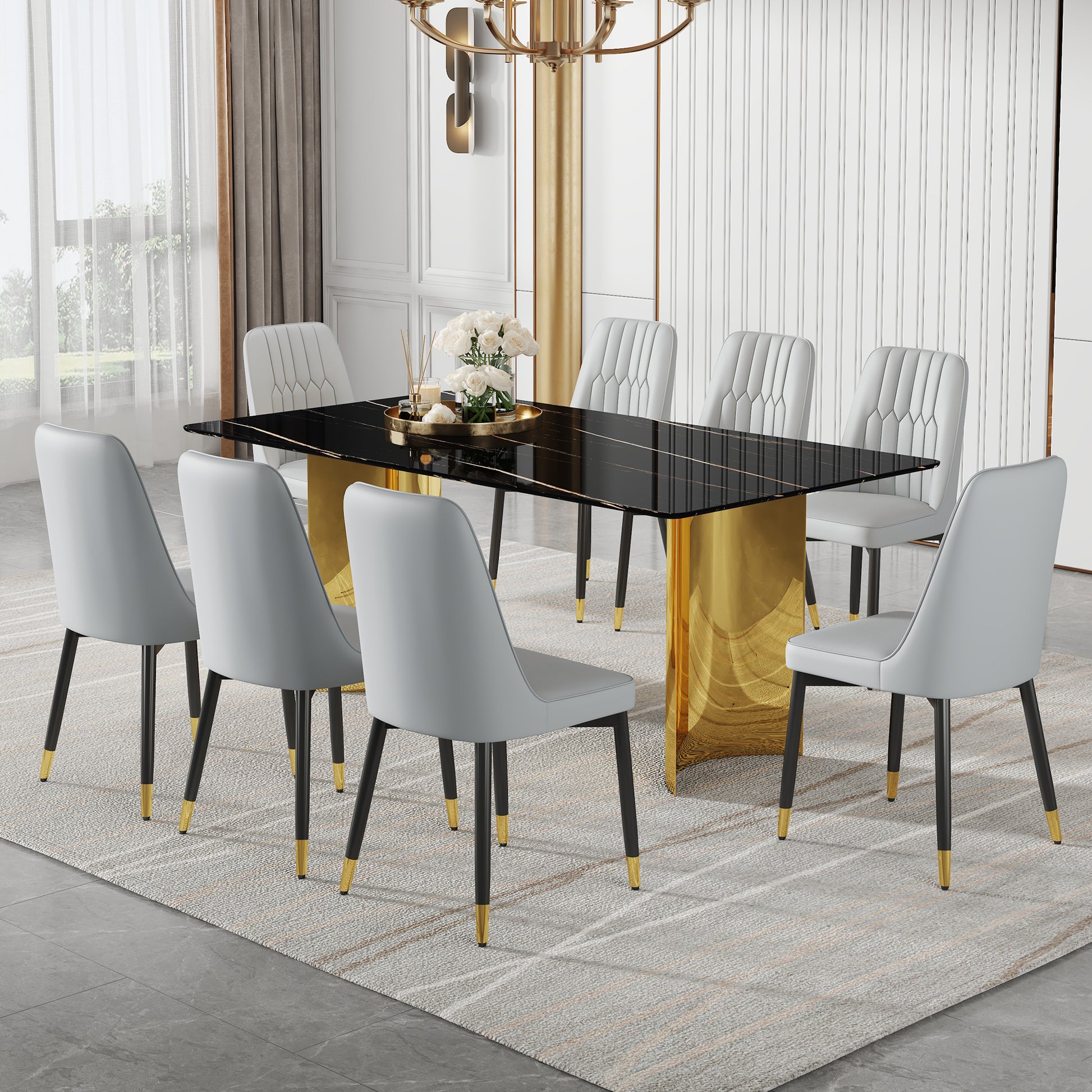 Table And Chair Set.The Table Has A Glass Top With Imitation Marble Pattern Stickers And Stainless Steel Golden Legs. Paried With Chairs With Pu Artificial Leather Backrest Cushions And Black Legs. Black Gold Seats 8 Glass Metal