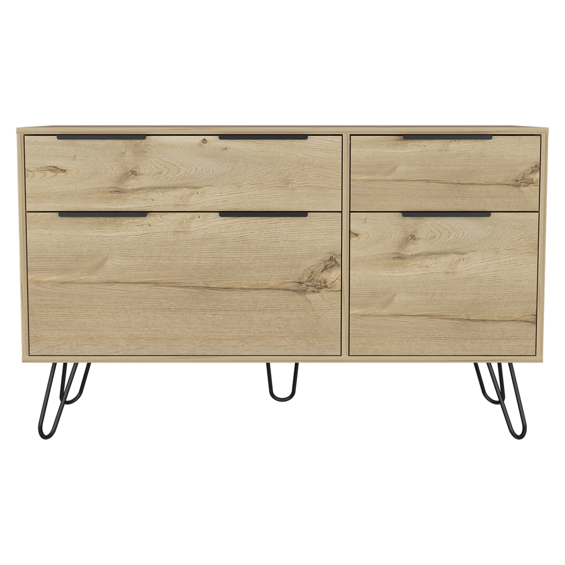 Augusta Double Dresser, Superior Top, Hairpin Legs, Four Drawers Light Oak Light Oak Bedroom Modern Particle Board