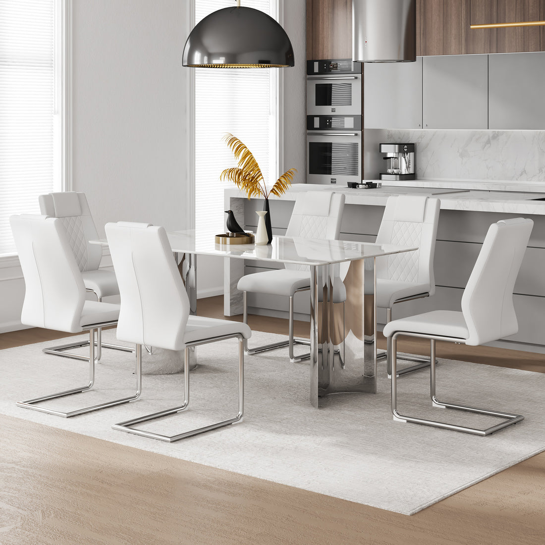 Table And Chair Set, Modern And Minimalist Dining Table. Imitation Marble Glass Sticker Desktop, Stainless Steel Legs, Stable And Beautiful. Comfortable Pu Seats. Dt 69 Silver Glass