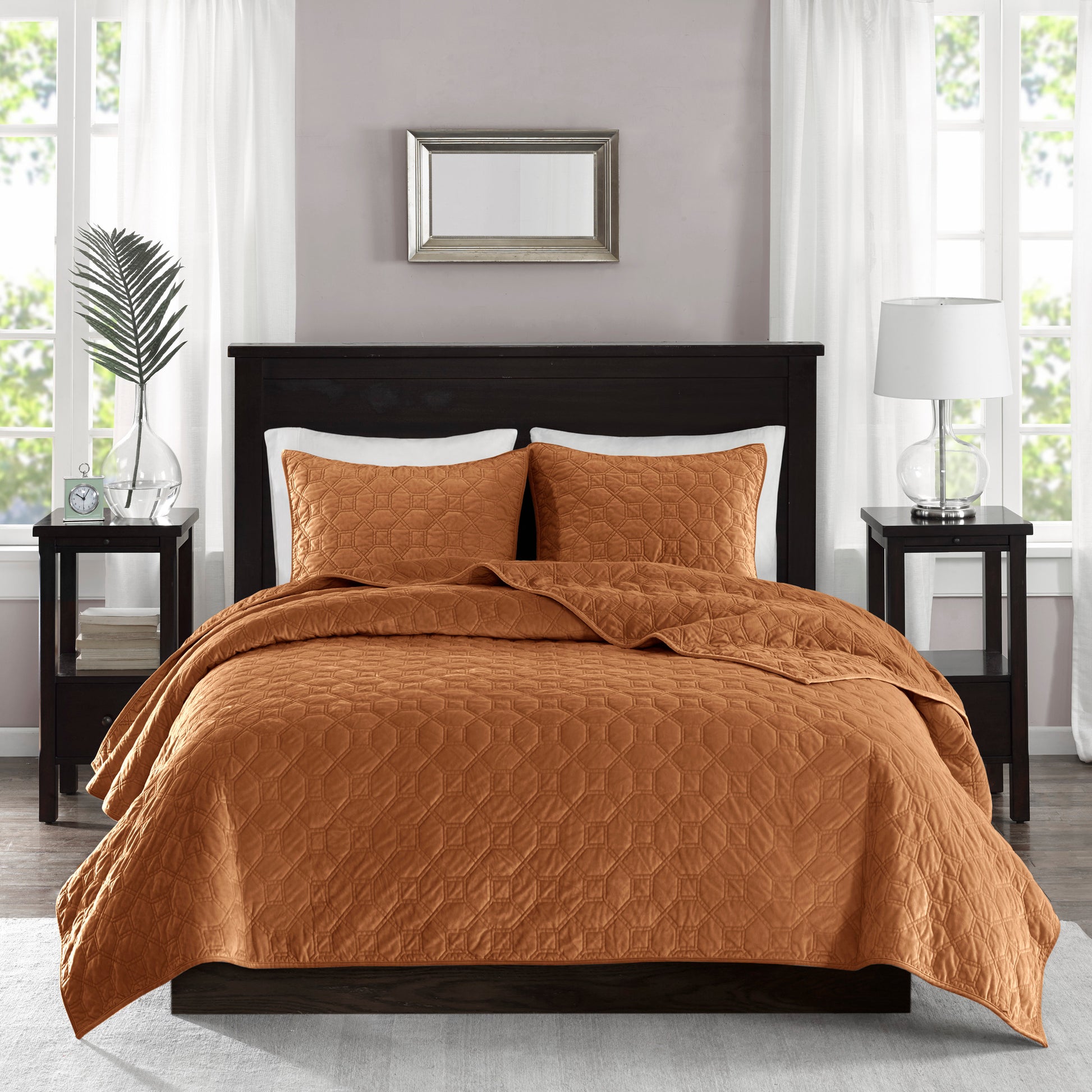 3 Piece Velvet Quilt Set Rust King Cal King King Rust Cotton