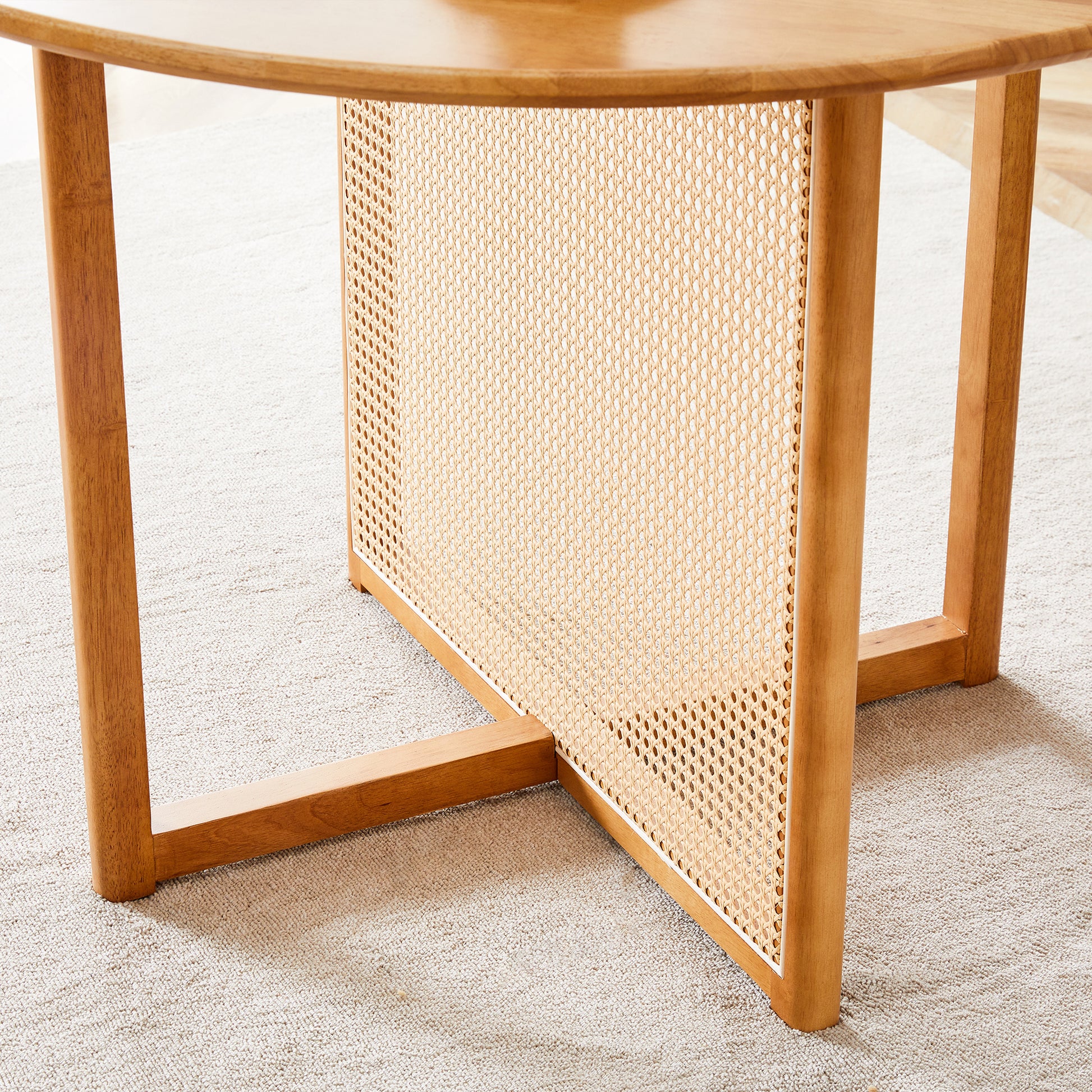 Table And Chair Set, Ancient Style Solid Wood Dining Table, Imitation Rattan Table Legs, Beautiful Simple Solid Wood Dining Chair, Perfect For Dinner, Meetings, Home And Office Decoration Wood Rubber Wood