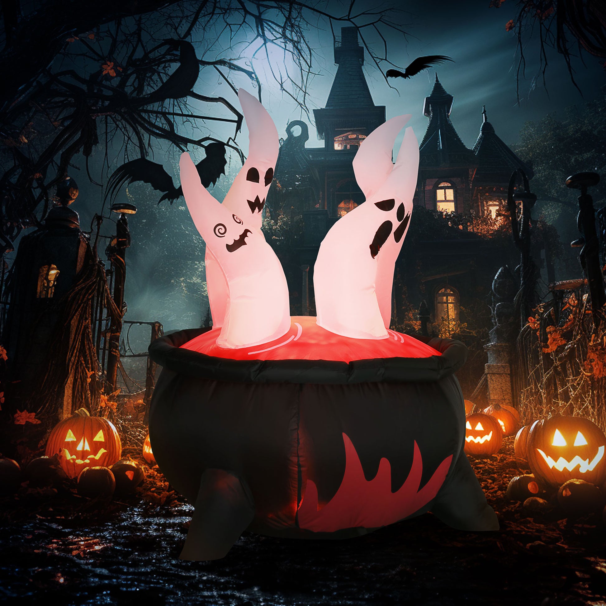 Outsunny 4Ft Halloween Inflatables Outdoor Decorations White Ghosts In Red Cauldron, Blow Up Led Yard Decor For Garden, Lawn, Party, Holiday White Polyester