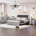 4 Pieces Bedroom Sets Queen Size Upholstered Bed With Led Lights, Mirrored Nightstands And Dresser With Metal Handles And Legs,Grey Queen Grey 4 Piece Set Solid Wood Mdf