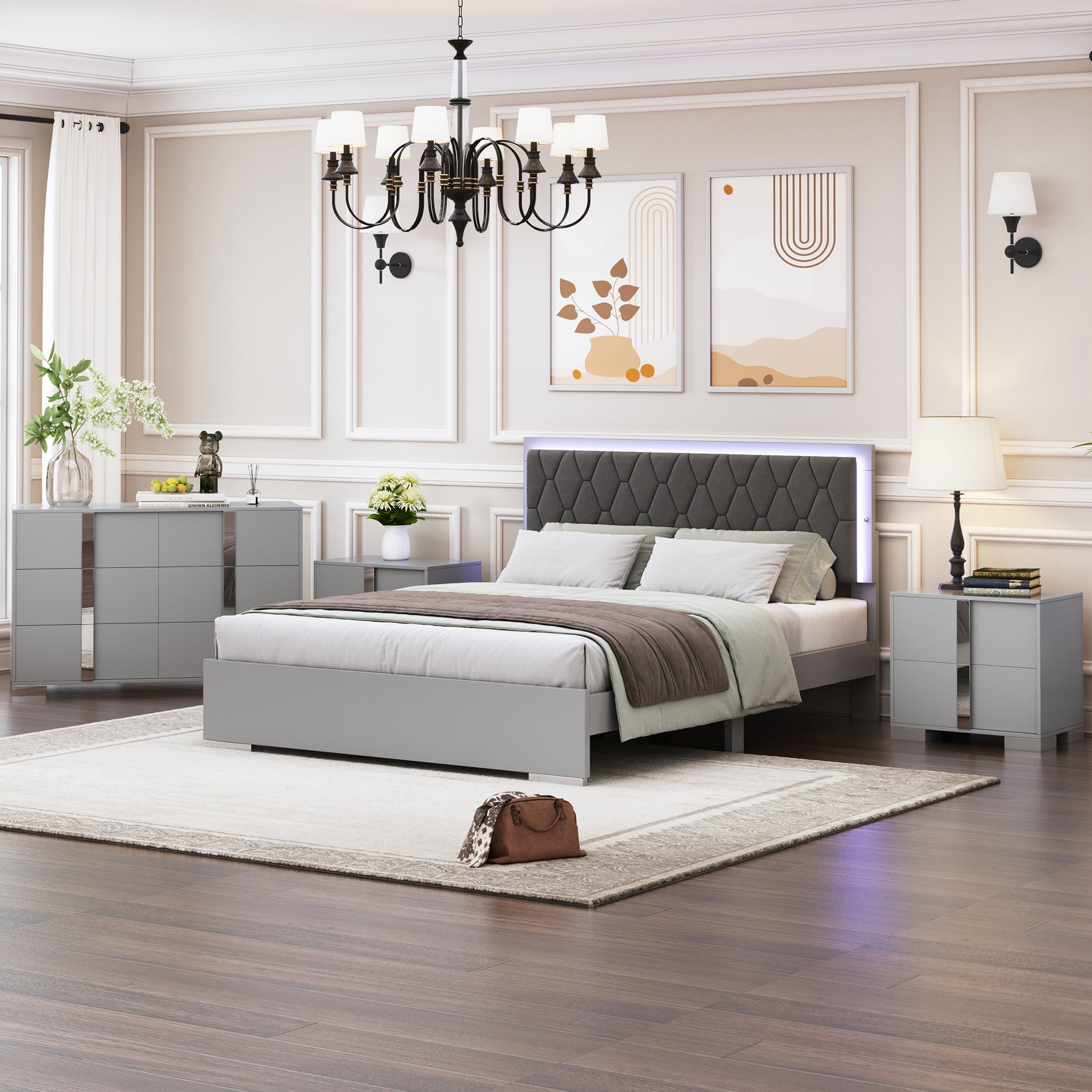 4 Pieces Bedroom Sets Queen Size Upholstered Bed With Led Lights, Mirrored Nightstands And Dresser With Metal Handles And Legs,Grey Queen Grey 4 Piece Set Solid Wood Mdf