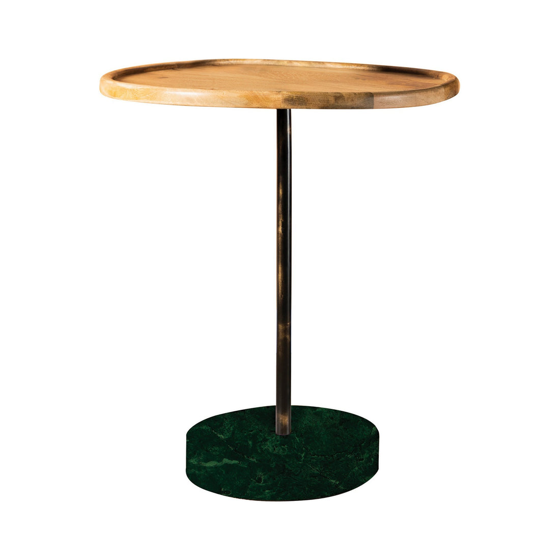 26 Inch Modern Accent Table, Round Tray Top, Dark Green Marble Base, Brown Black Brown Wood Metal