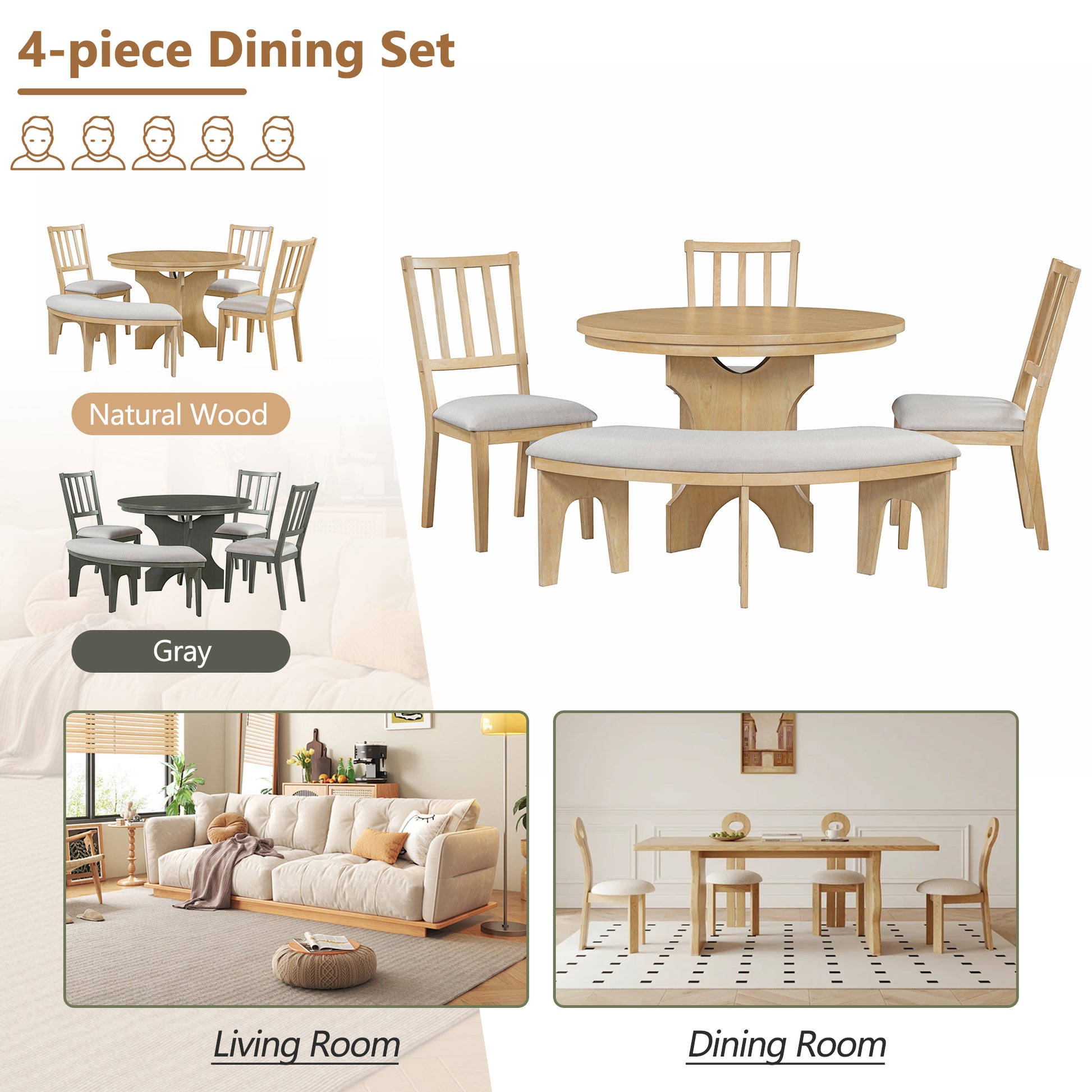 5 Piece Rustic Charm Round Dining Set With 3 Upholstered Chairs And Curved Bench For Dining Room, Kitchen And Living Room Natural Natural Rubber Wood