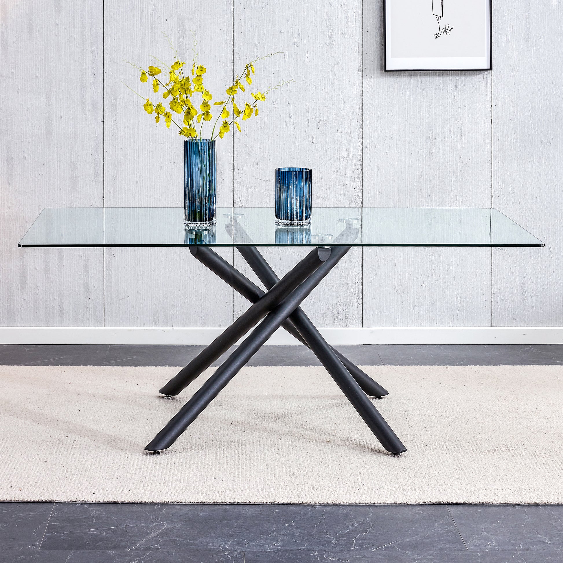 Large Modern Minimalist Rectangular Glass Dining Table For 6 8 With 0.39" Tempered Glass Tabletop And Black Color Metal Legs, For Kitchen Dining Living Meeting Room Banquet Hall Black Glass