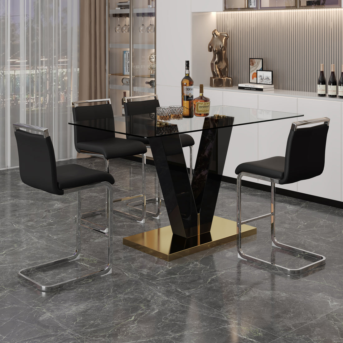Table And Chair Set. A Rectangular Glass Dining Table With A 0.4 Inch Tempered Glass Tabletop And Mdf Board V Shaped Bracket, Paired With Chairs Consisting Of Pu Seat Cushions And Silver Metal Legs. Black Seats 4 Tempered Glass