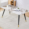 Modern Minimalist Dining Table. Imitation Marble Patterned Stone Burning Tabletop With Black Metal Legs. 62.2 