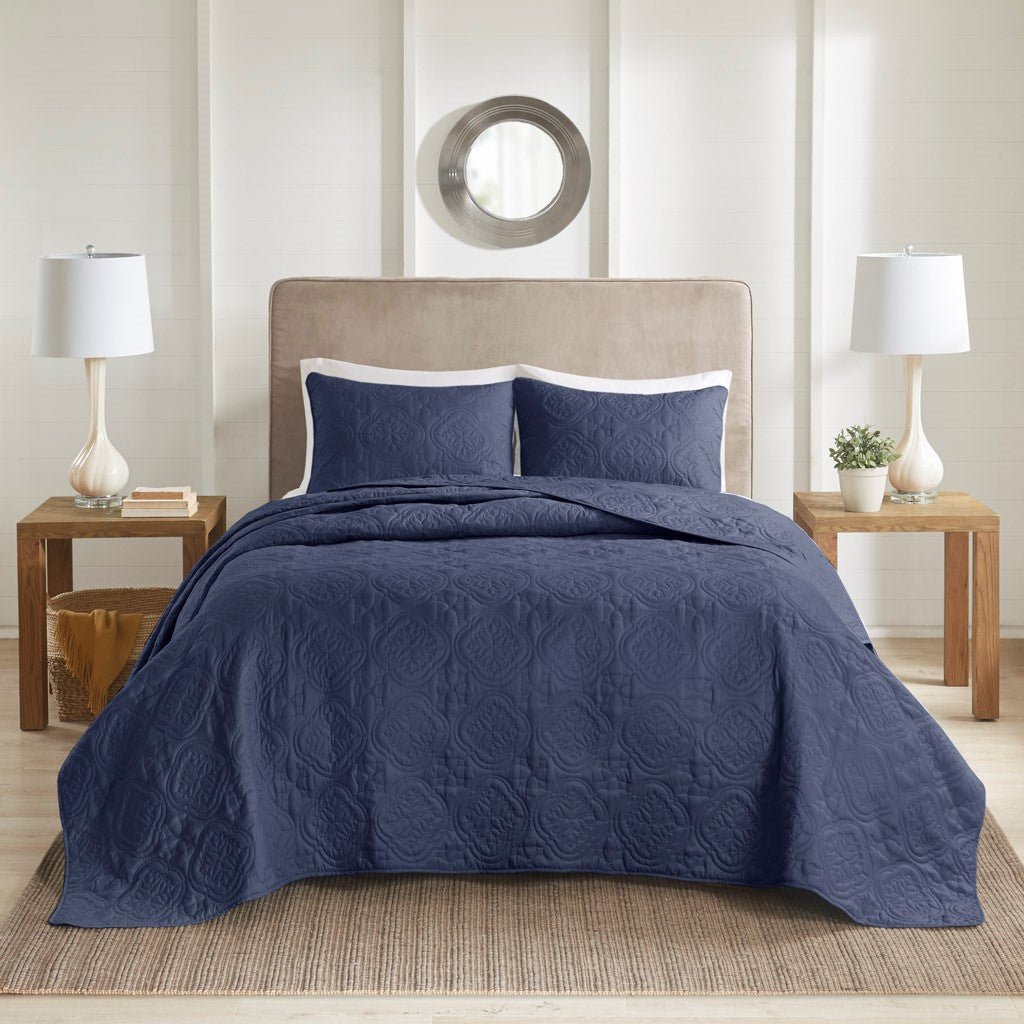 3 Piece Reversible Bedspread Set Navy King Cal King King Navy Polyester