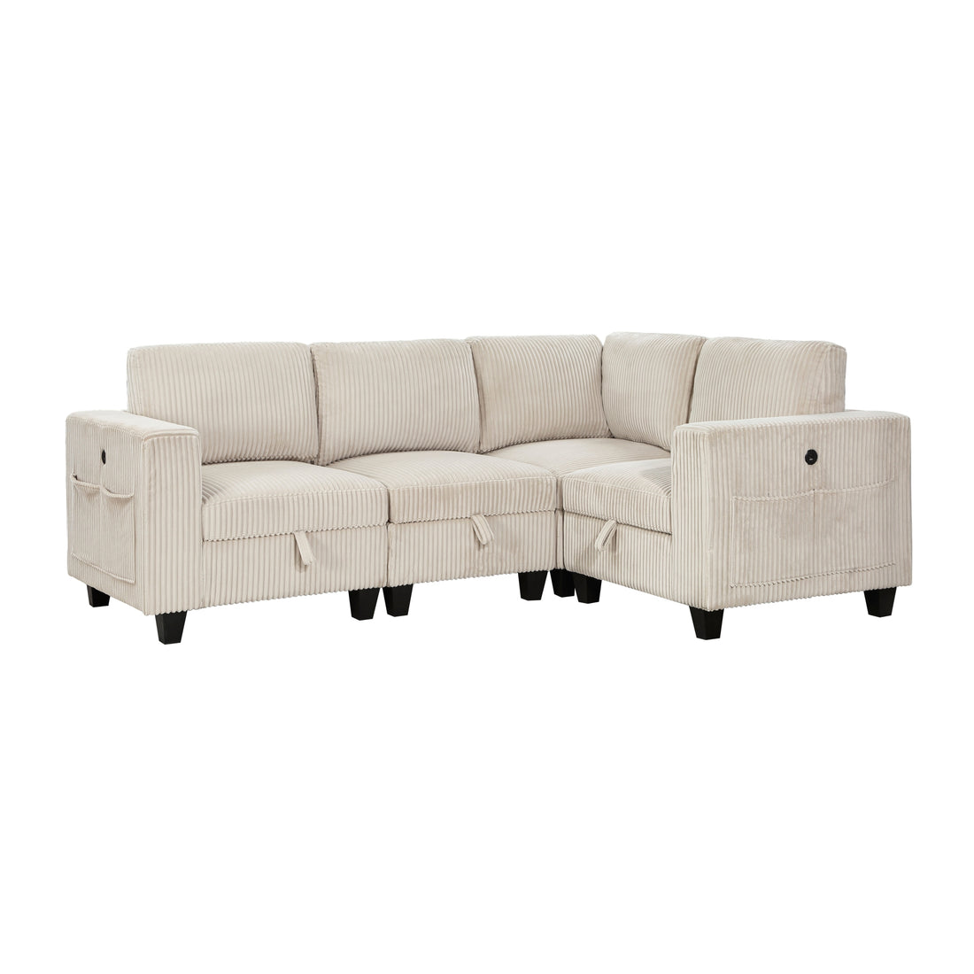 4 Piece Modular Sectional With Storage Seats, Side Pockets, Charging Ports Beige Corduroy Fabric Modern Living Room Sectional Couch Solid Wood Furniture Beige Polyester Wood Primary Living Space Modern Solid Wood 4 Seat