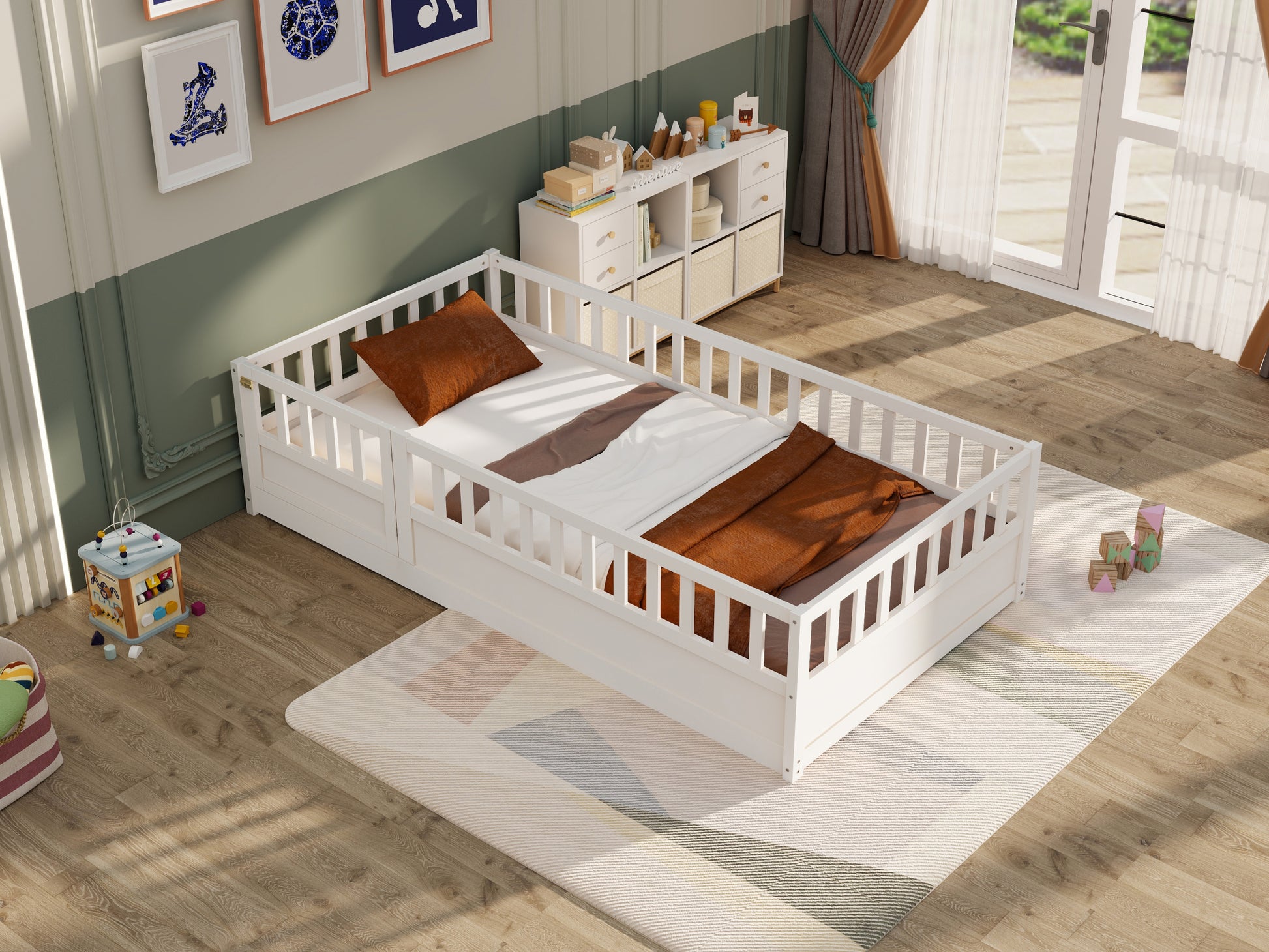 Twin Size Floor Bed, Integral Construction With Super High Security Barrier, Door, Children'S Floor Bed Frame, Montessori Wooden Children'S Floor Bed, White Box Spring Required Twin White Wood Brown Bedroom American Design,Artsy Pine Bed Frame Pine