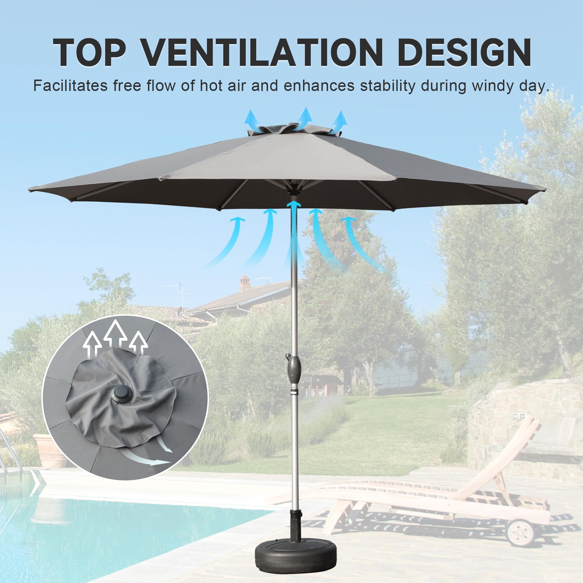 9Ft Patio Umbrella, Outdoor Table Umbrella With Push Button Tilt And Crank, Uv Protection Waterproof Market Sun Umbrella With 8 Sturdy Ribs For Garden, Deck, Backyard, Pool Gray Gray Round Uv Resistant Umbrellas Aluminium