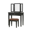 Wooden Vanity Set With 3 Sided Mirror And Padded Stool, Black Black Solid Wood