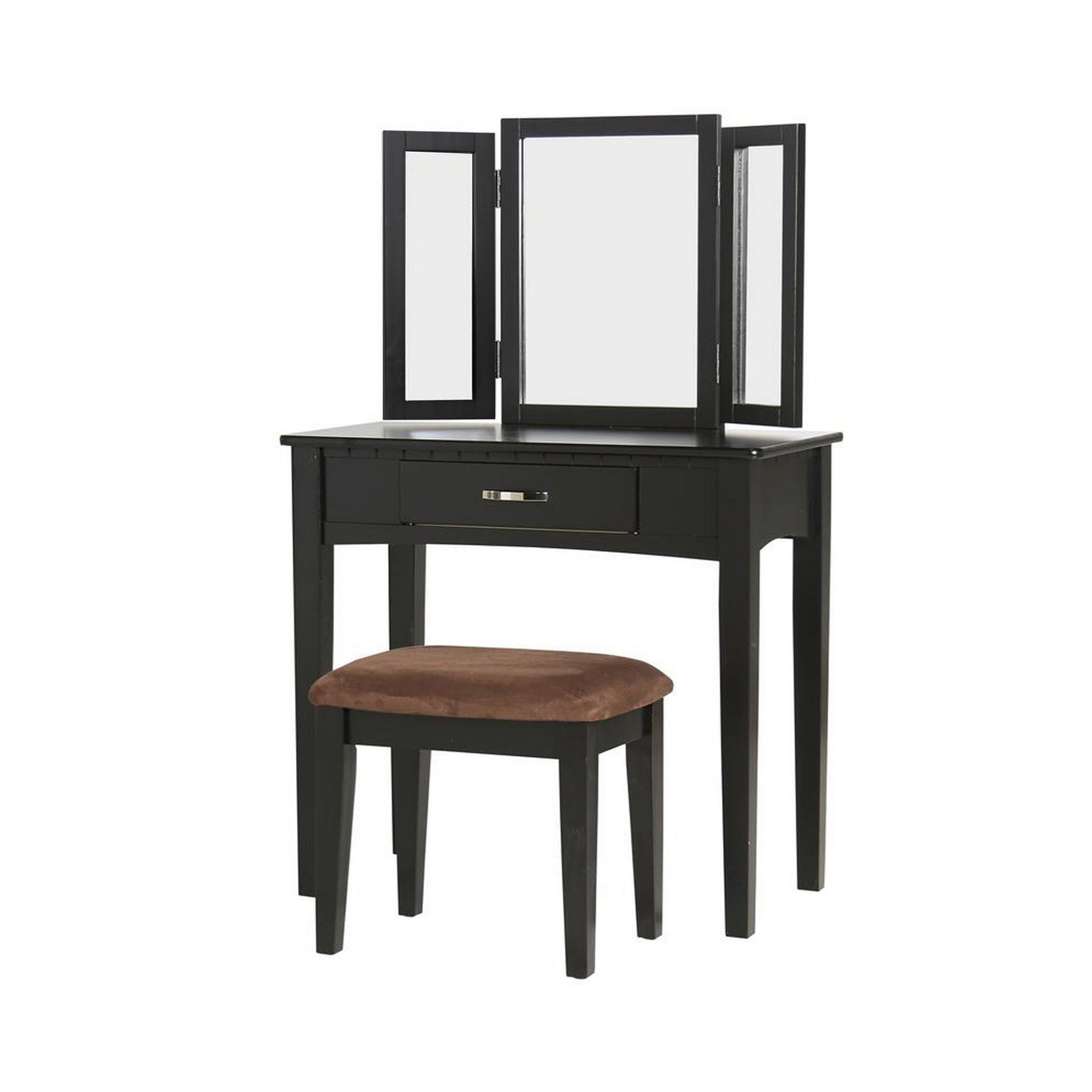 Wooden Vanity Set With 3 Sided Mirror And Padded Stool, Black Black Solid Wood