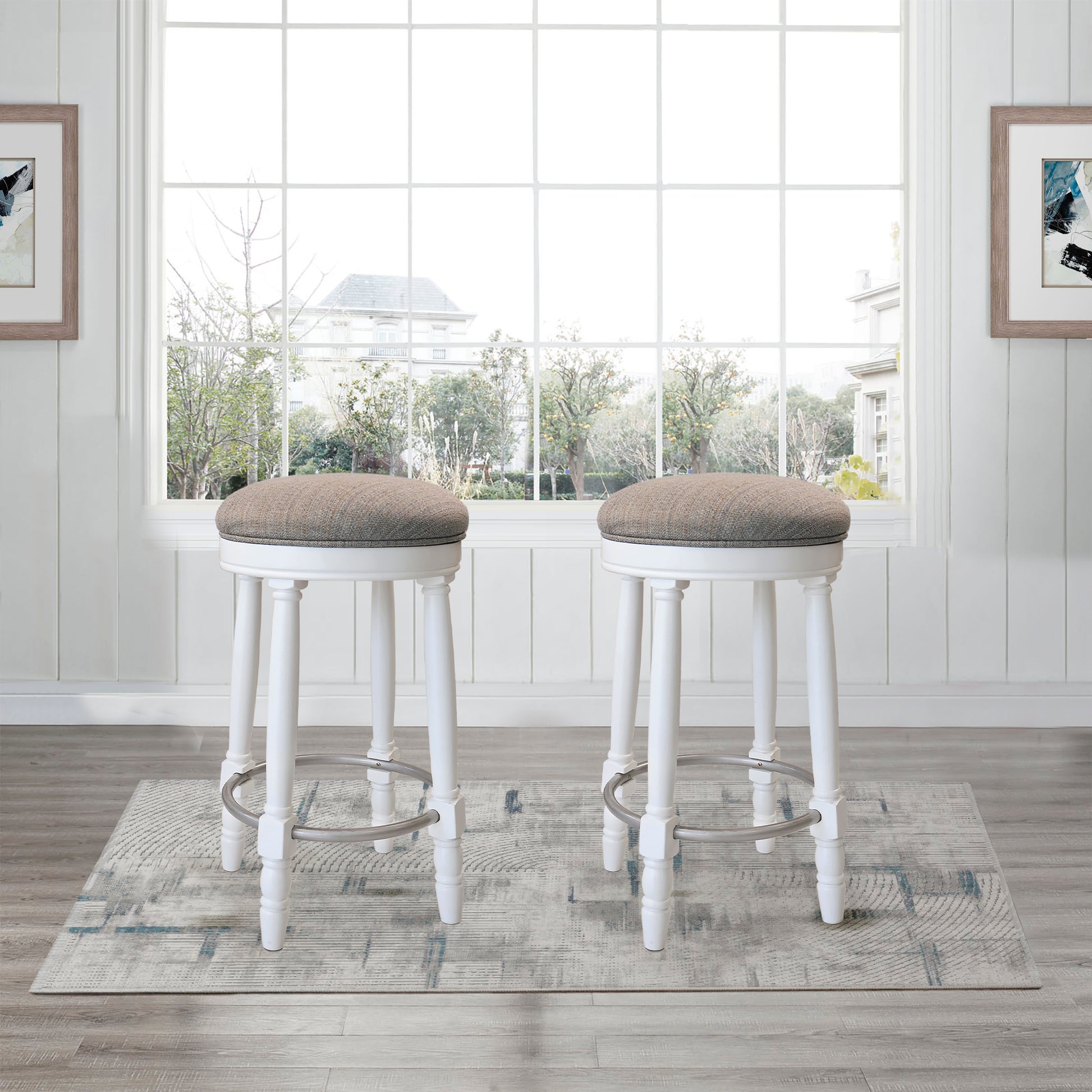Bar Stools Set Of 2 White Color, 360 Degree Swivel, Accent Wooden Swivel Seat Counter Height Bar Stool, Grey Cushion Seat, Barstool Perfect For Dining And Living Room Height 26" Cushion Solid White