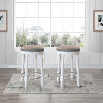 Bar Stools Set Of 2 White Color, 360 Degree Swivel, Accent Wooden Swivel Seat Counter Height Bar Stool, Grey Cushion Seat, Barstool Perfect For Dining And Living Room Height 26" Cushion Solid White