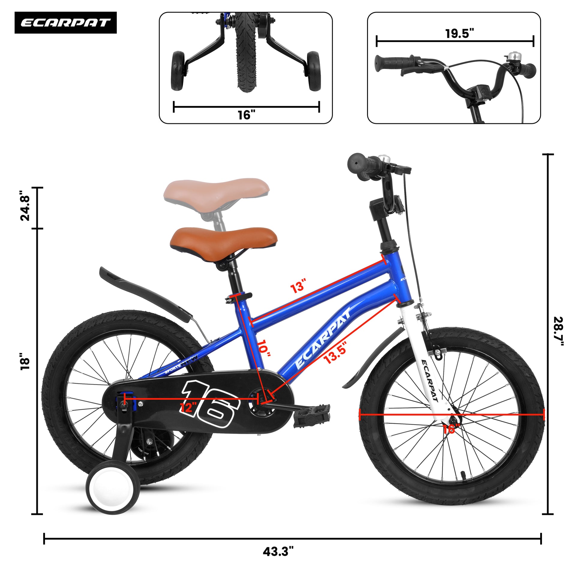 A16114 Kids Bike 16 Inch For Boys & Girls With Training Wheels, Freestyle Kids' Bicycle With Fender. Blue Steel