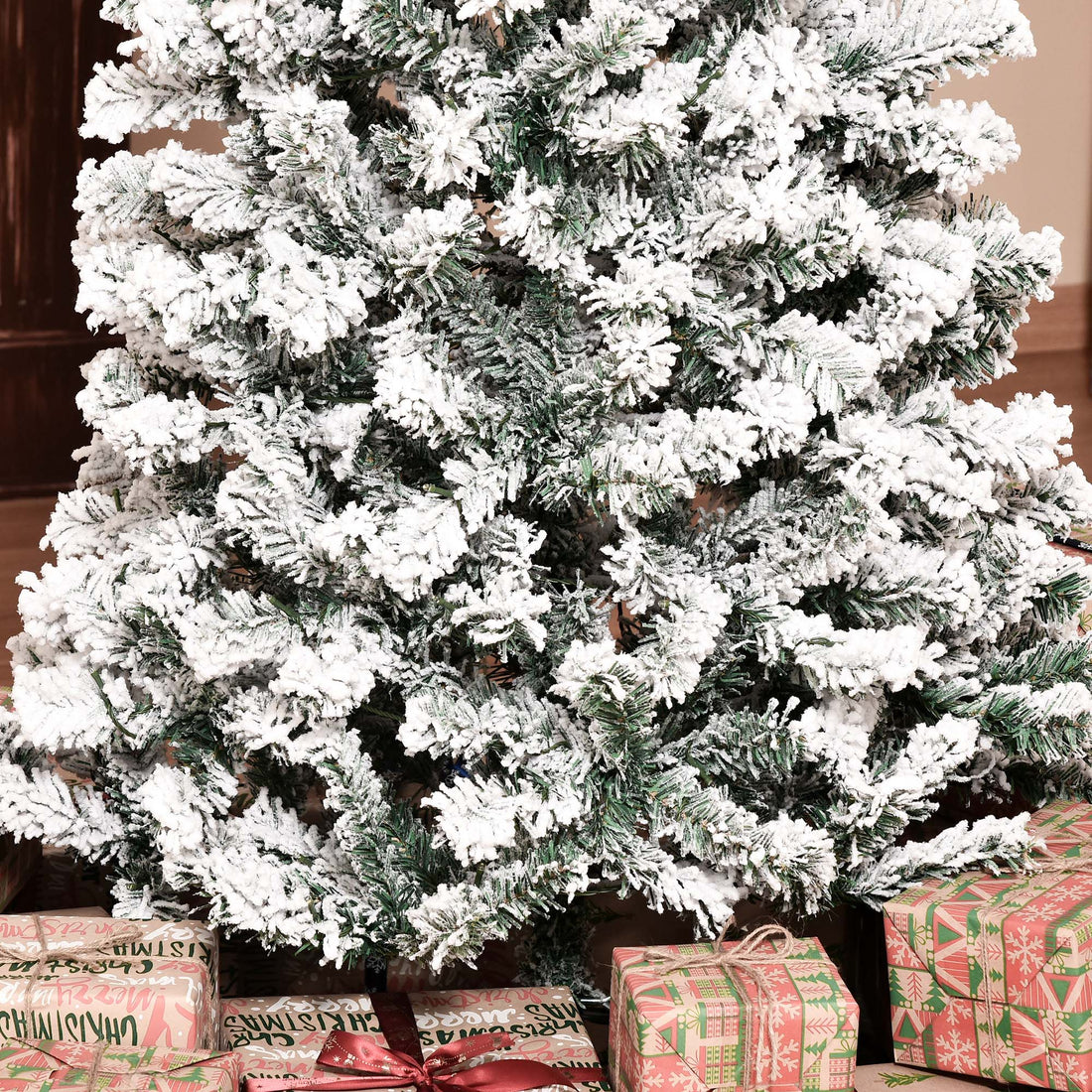 Homcom 7.5Ft Pre Lit Snow Flocked Slim Douglas Fir Artificial Christmas Tree With Realistic Branches, 350 Led Lights And 641 Tips Green Pvc