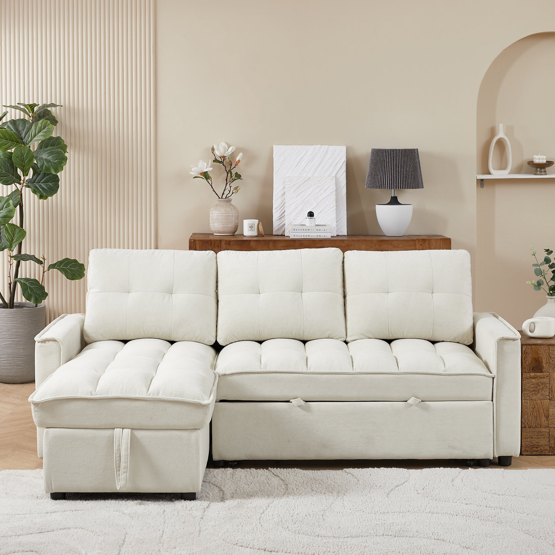 Mh 78.75" Reclining Sofa, Pull Out Sofa Bed With Usb And Tape C Charging Ports, L Shaped Sectional Sofa With Reclining Storage And Arm Side Organizer Pocket Features, Living Room Comfort Sofa Beige