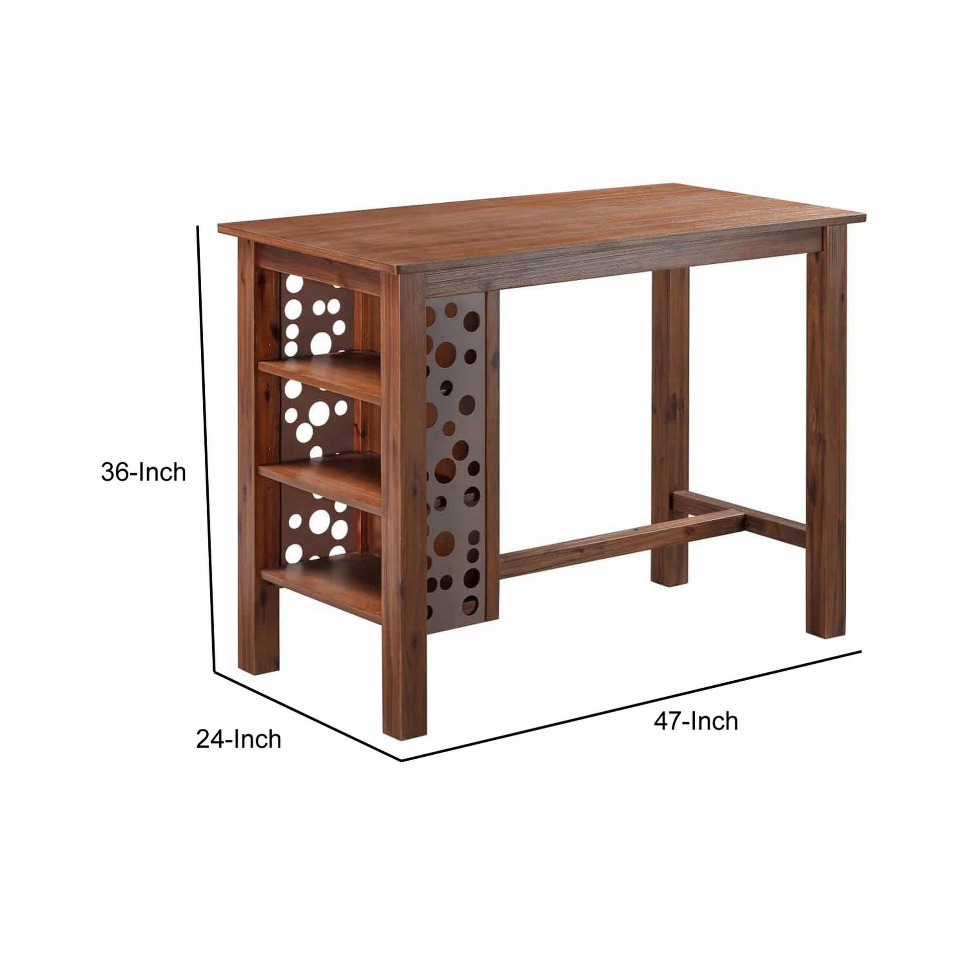 Bada 47 Inch Rectangular Bar Table With 3 Shelves And Metal Accents, Brown Brown Acacia Wood