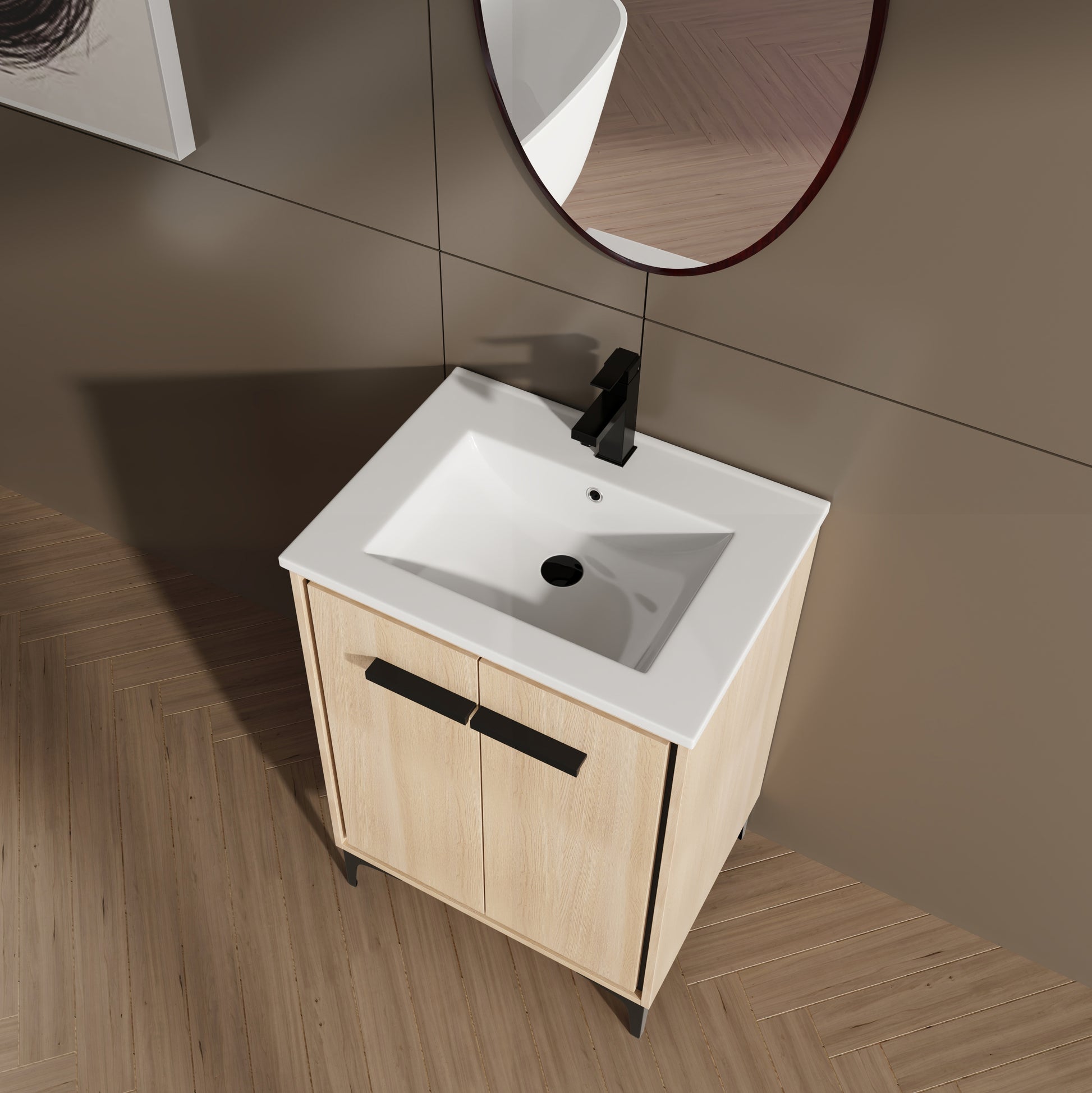 24 Inch Bathroom Vanity Base With Basin, Storage Cabinet With Doors, Engineered Wood Oak Bathroom American Design Ceramic Engineered Wood