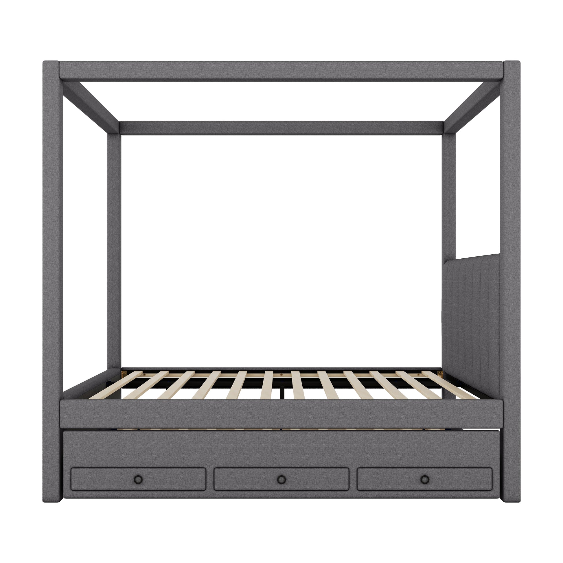 Full Size Upholstery Canopy Platform Bed With Trundle And Three Storage Drawers, Gray Full Gray Upholstered