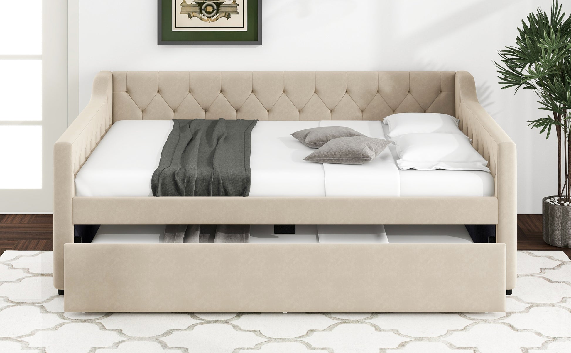 Full Size Upholstered Tufted Daybed With Twin Size Trundle, Beige Beige Upholstered