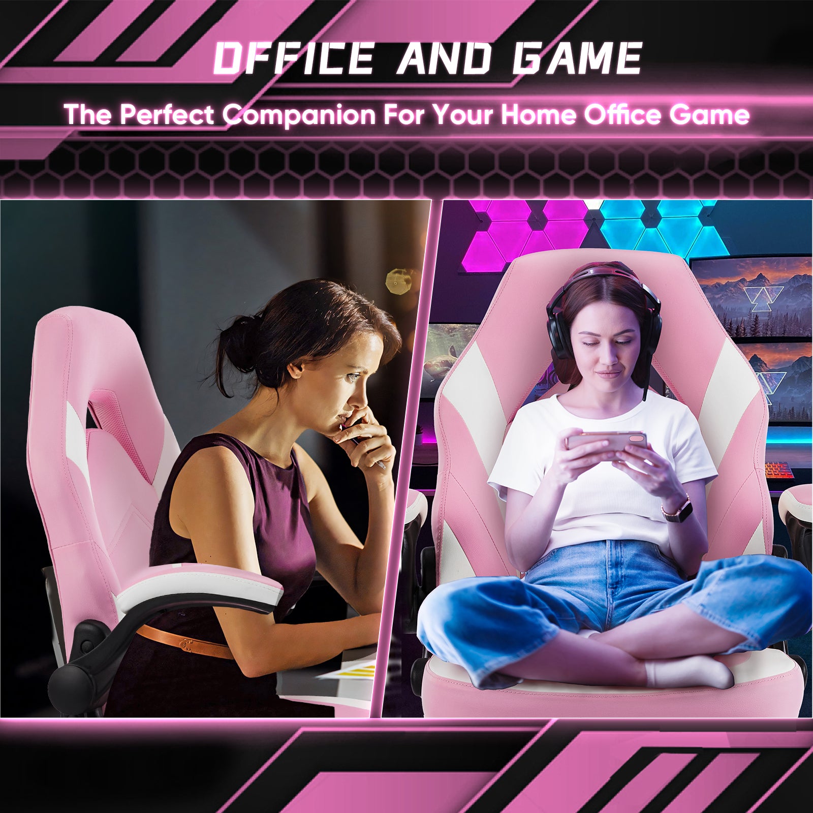 Sweetcrispy Gaming Chair Pu Leather Computer Chair Ergonomic Office Chair With Lumbar Support, Height Adjustable Rolling Desk Chairs With Flip Up Armrests Alloy Steel Pink White Bedroom Memory Foam Wipe Clean Handle Club Chair Solid Back Ergonomic Pu