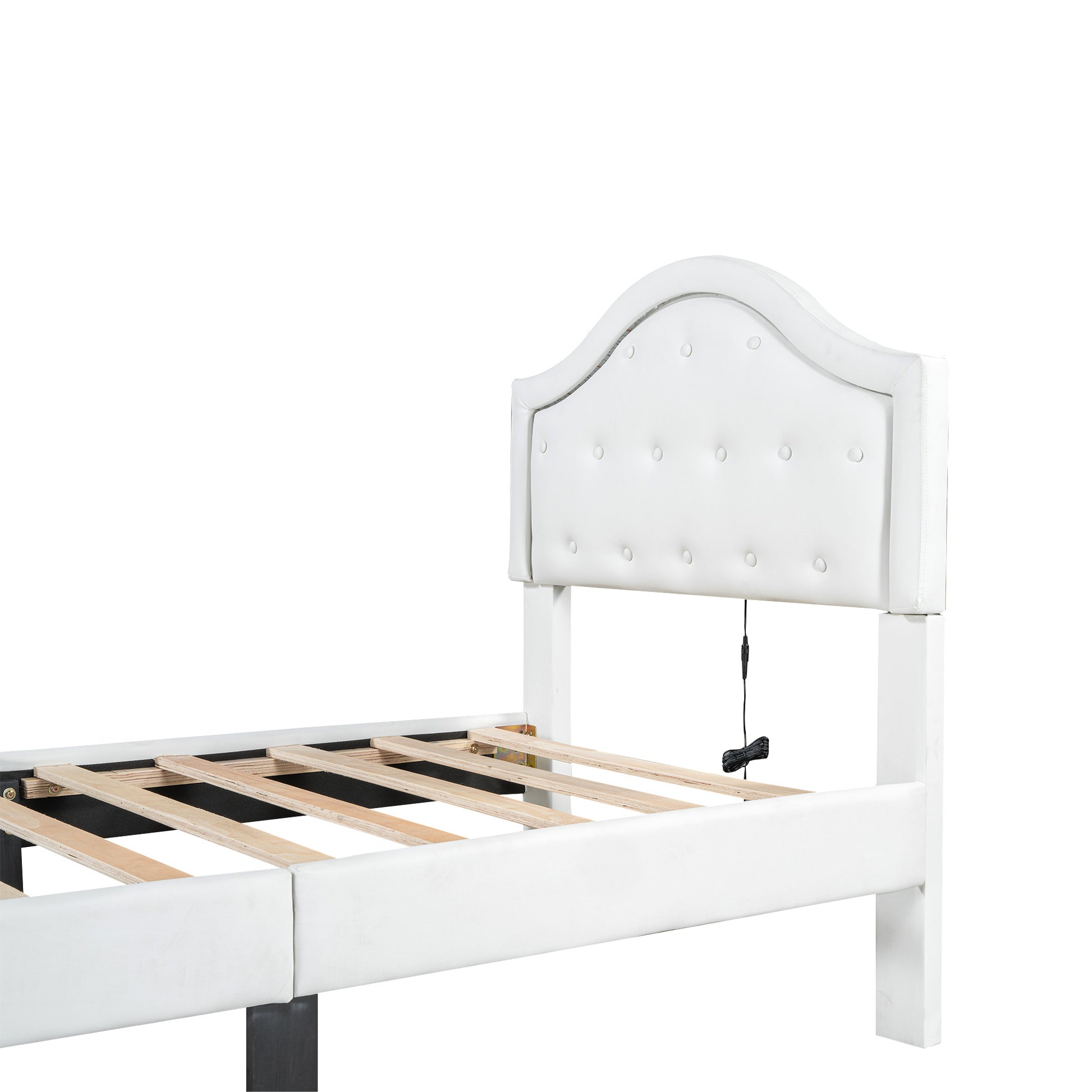 Twin Size Upholstered Platform Bed With Tufted Headboard, Led And A Drawer, White Box Spring Not Required Twin White Wood Faux Leather Upholstered