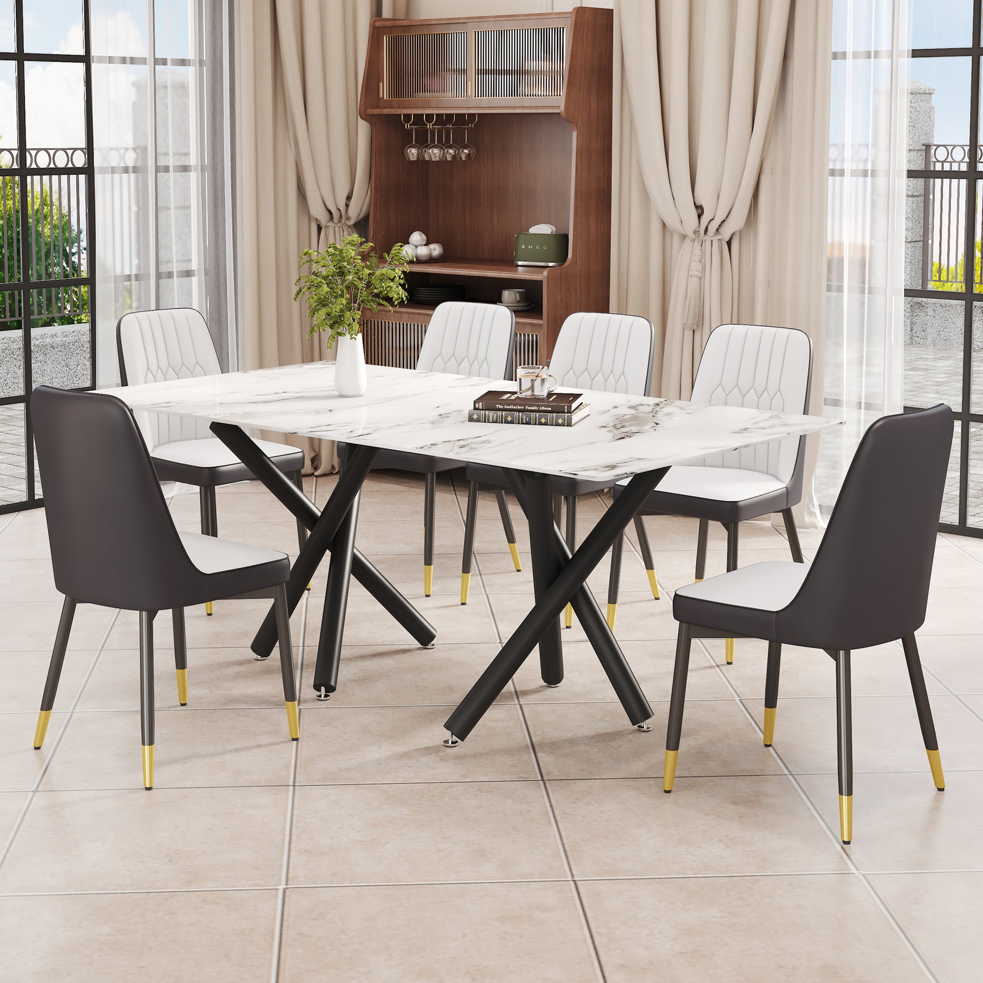 1 Table And 6 Chairs. A Rectangular Dining Table With A White Imitation Marble Tabletop And Black Metal Legs. Paired With 6 Chairs, Equipped With Pu Leather Seat Cushions And Black Metal Legs. F 1538 Black Glass Metal