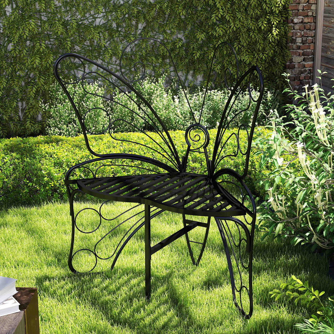 Modern Butterfly Cast Metal Garden Bench, Outdoor Bench Patio Seat, Park Bench Outdoor Seating For Garden, Yard, Park, Entryway Black Garden & Outdoor Metal