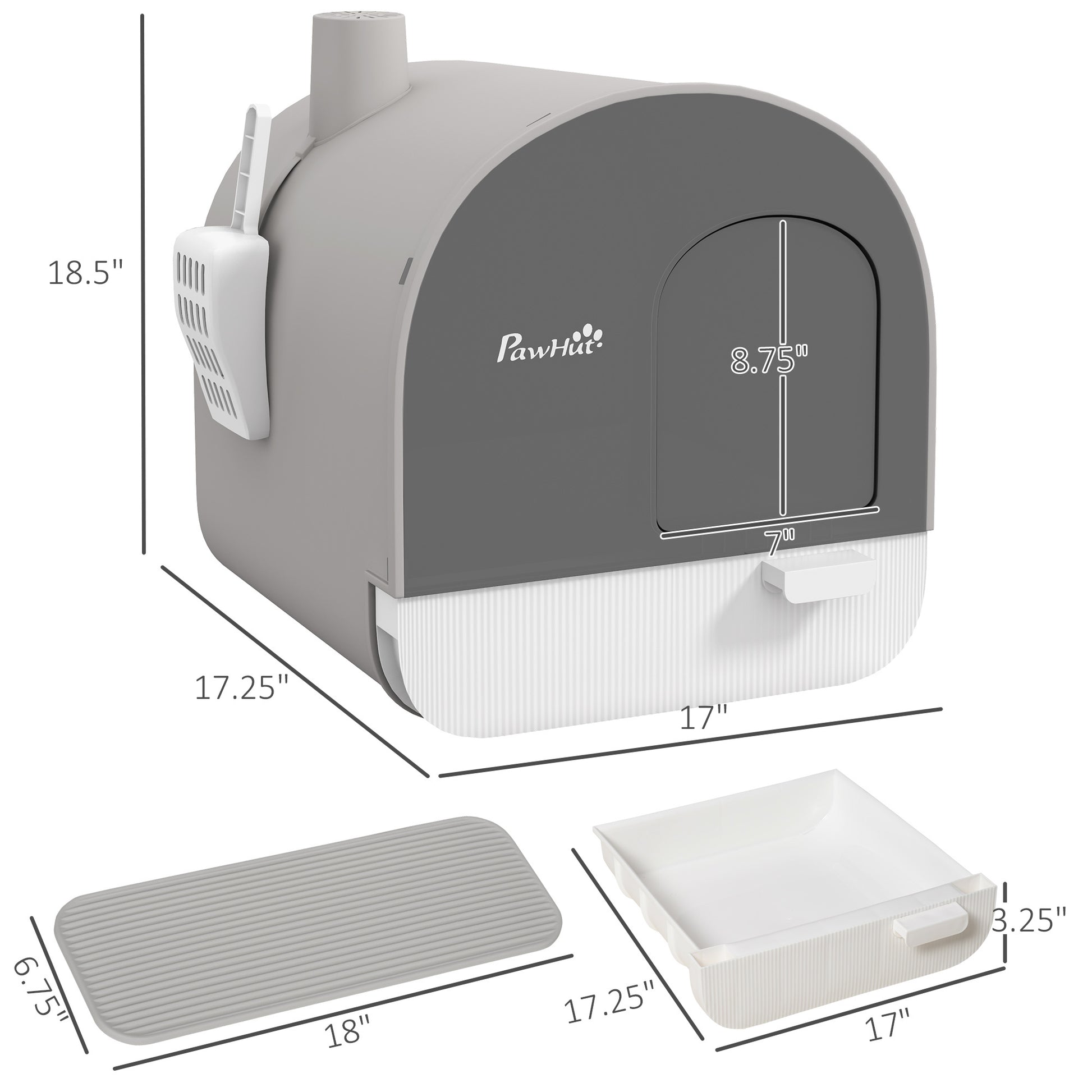 Pawhut Cat Litter Box With Lid, Covered Litter Box For Indoor Cats With Tray, Scoop, Filter, 17" X 17" X 18.5", Light Gray Light Gray Plastic