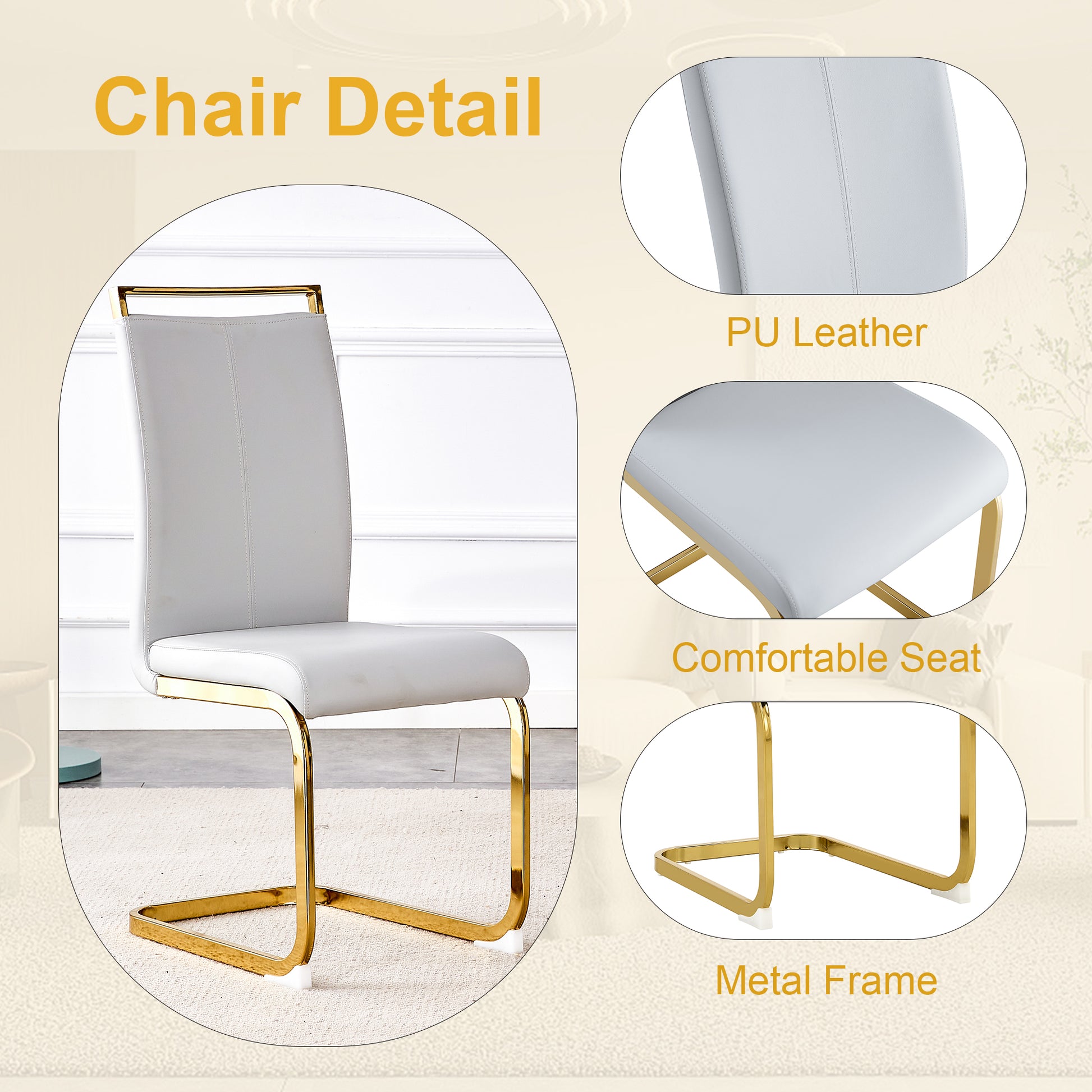 Table And Chair Set.67"X36" White Marble Pattern Mdf Dining Table Set With 6 Light Gray Pu Chairs.Mdf Sticker,White Marble Pattern Sticker,Gold C Tube Chair Legs,Suitable For Kitchen,Dining