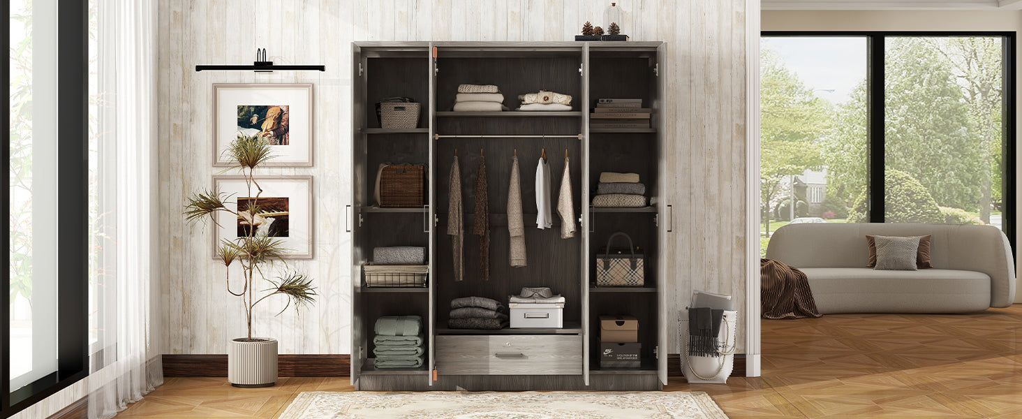 4 Door Wardrobe With 1 Drawer, Gray Grey Gray Bedroom Contemporary Mdf