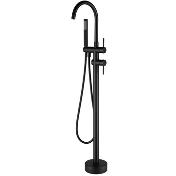Freestanding Matte Black Bathtub Filler With Dual Handles And Hand Shower Matte Black Brass