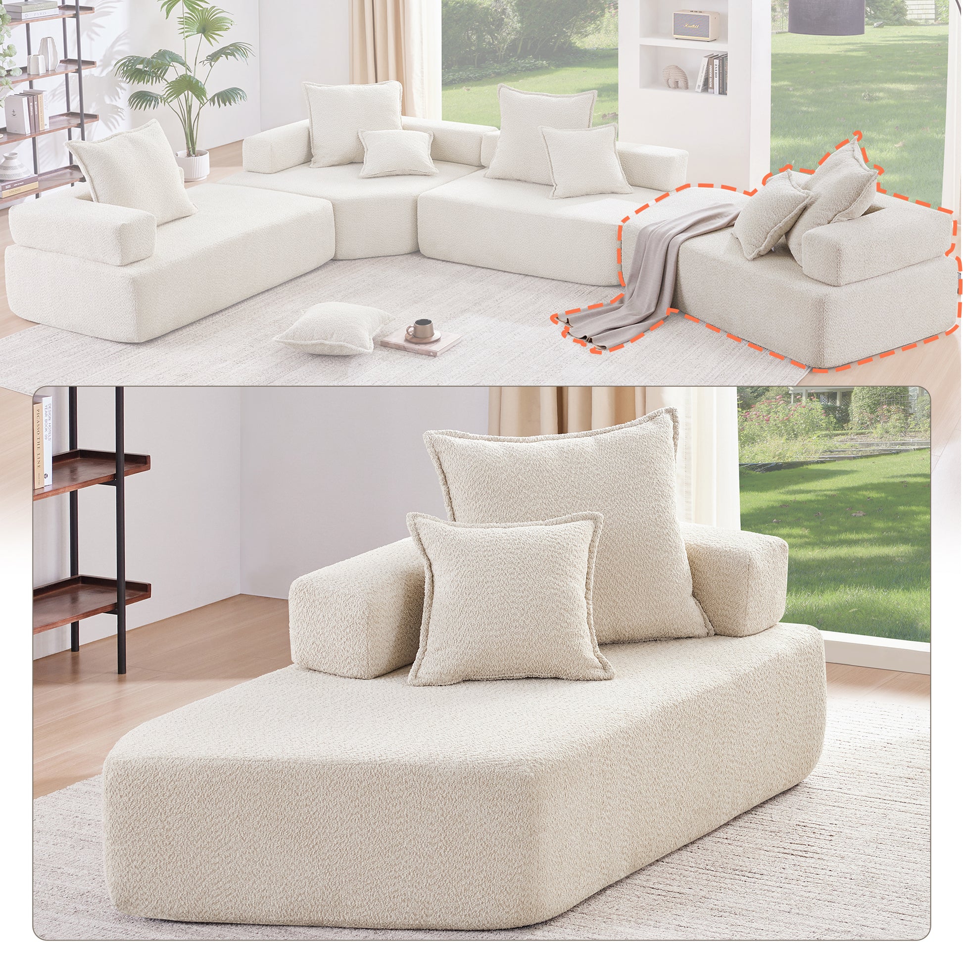 Special Shaped Frame For Oversized Modular U Shaped Sectional Sofa,Luxury Boucle Floor Couch Set,Convertible Sleeper Couch,Spacious Foam Filled Sofa Bed For Living Room Beige Boucle 1 Seat